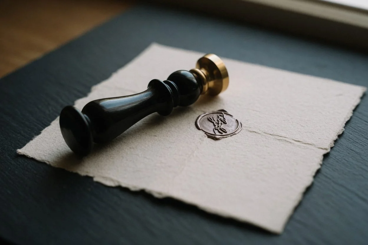 A notary's seal pressed onto a printed lost-passport statutory declaration with a Canadian passport application beside it