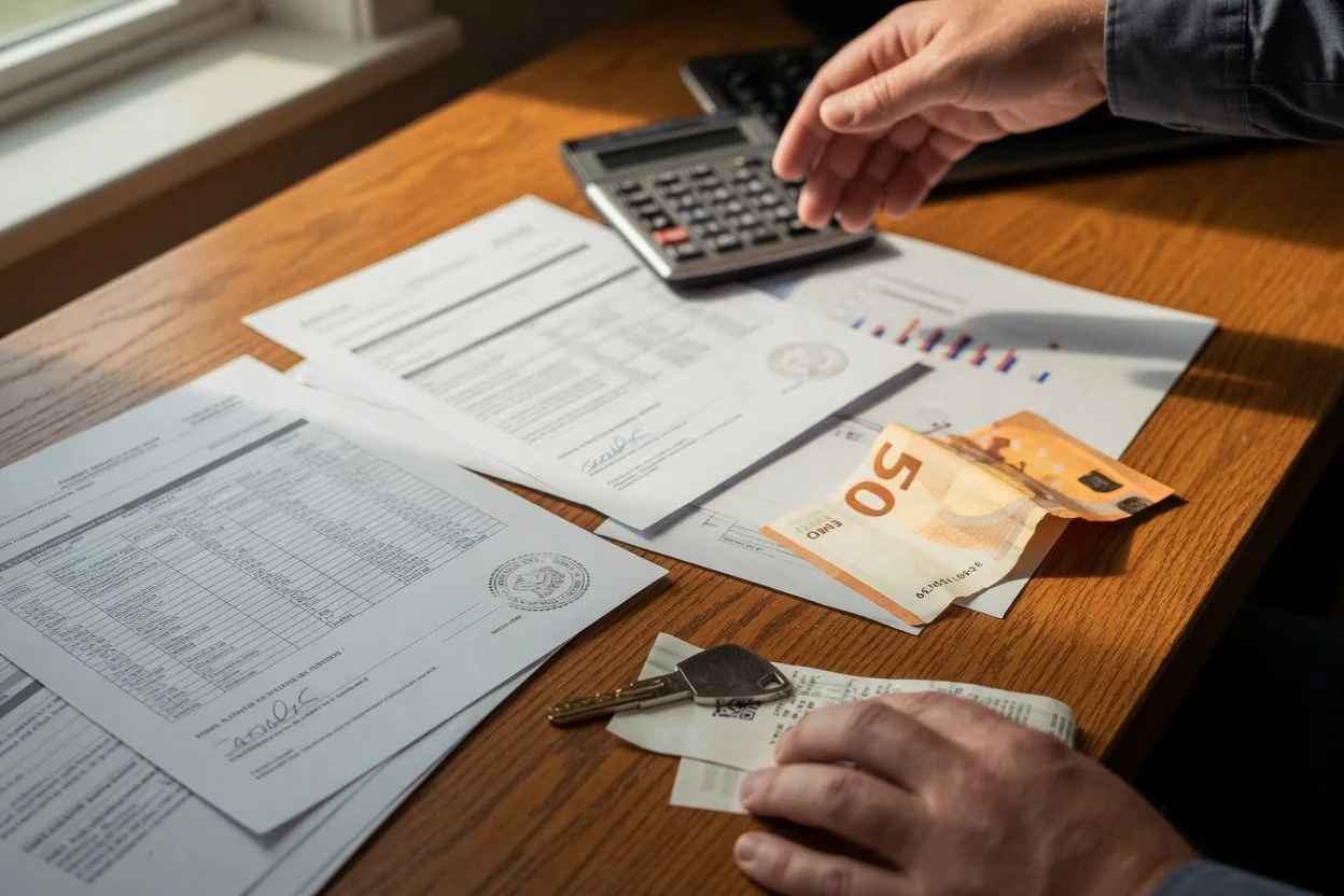 A person searching through a folder for lost documents, representing a lost or stolen vehicle ownership affidavit