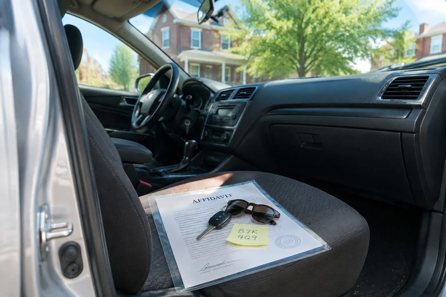 Commissioned lost vehicle ownership affidavit and car keys on the passenger seat, ready to take in for a new permit
