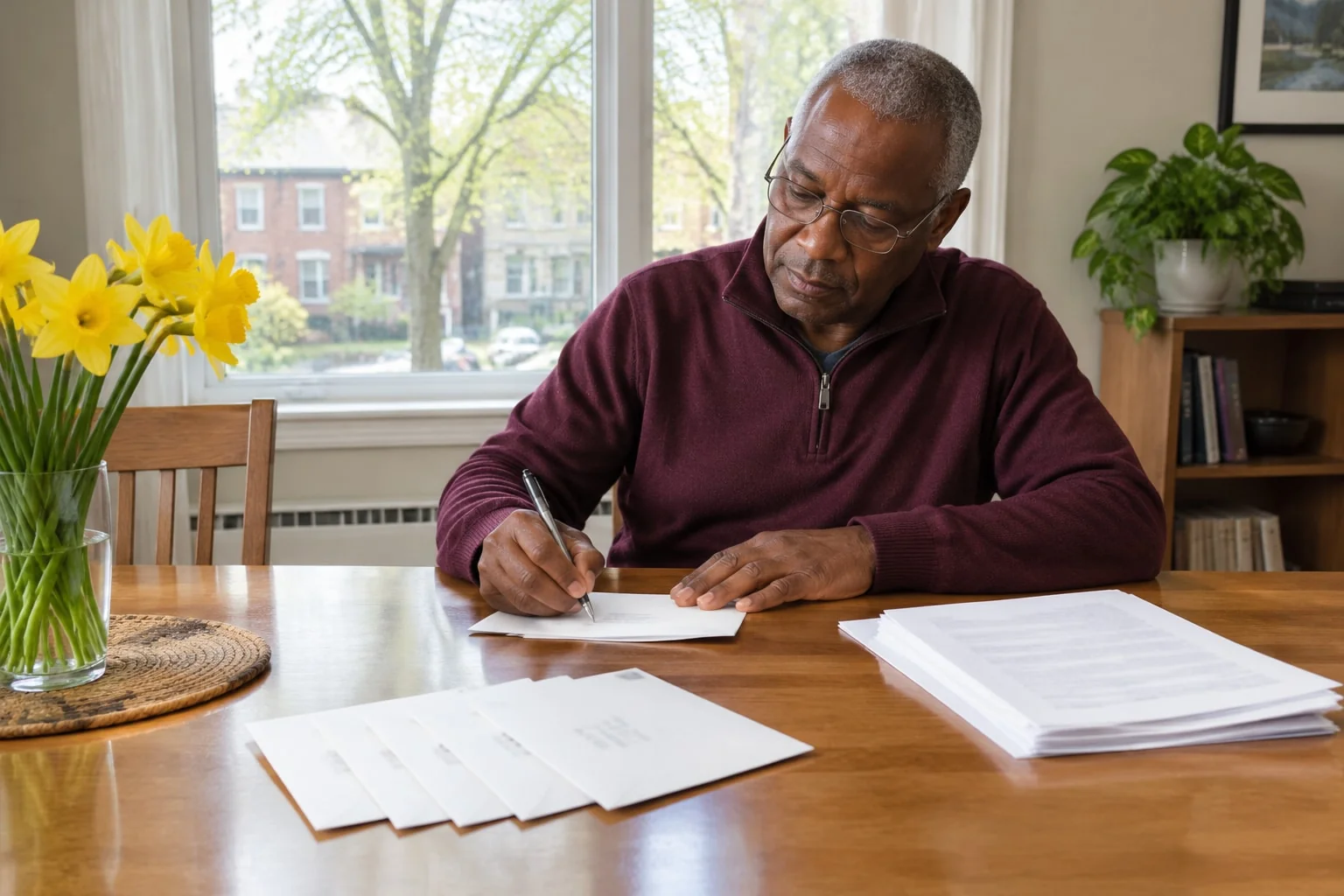 A man at his dining table addresses several envelopes to family members, a printed application beside him