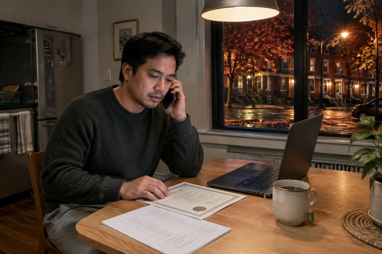 Man calling a notary late at night from his Centretown apartment in Ottawa, diploma and checklist in hand