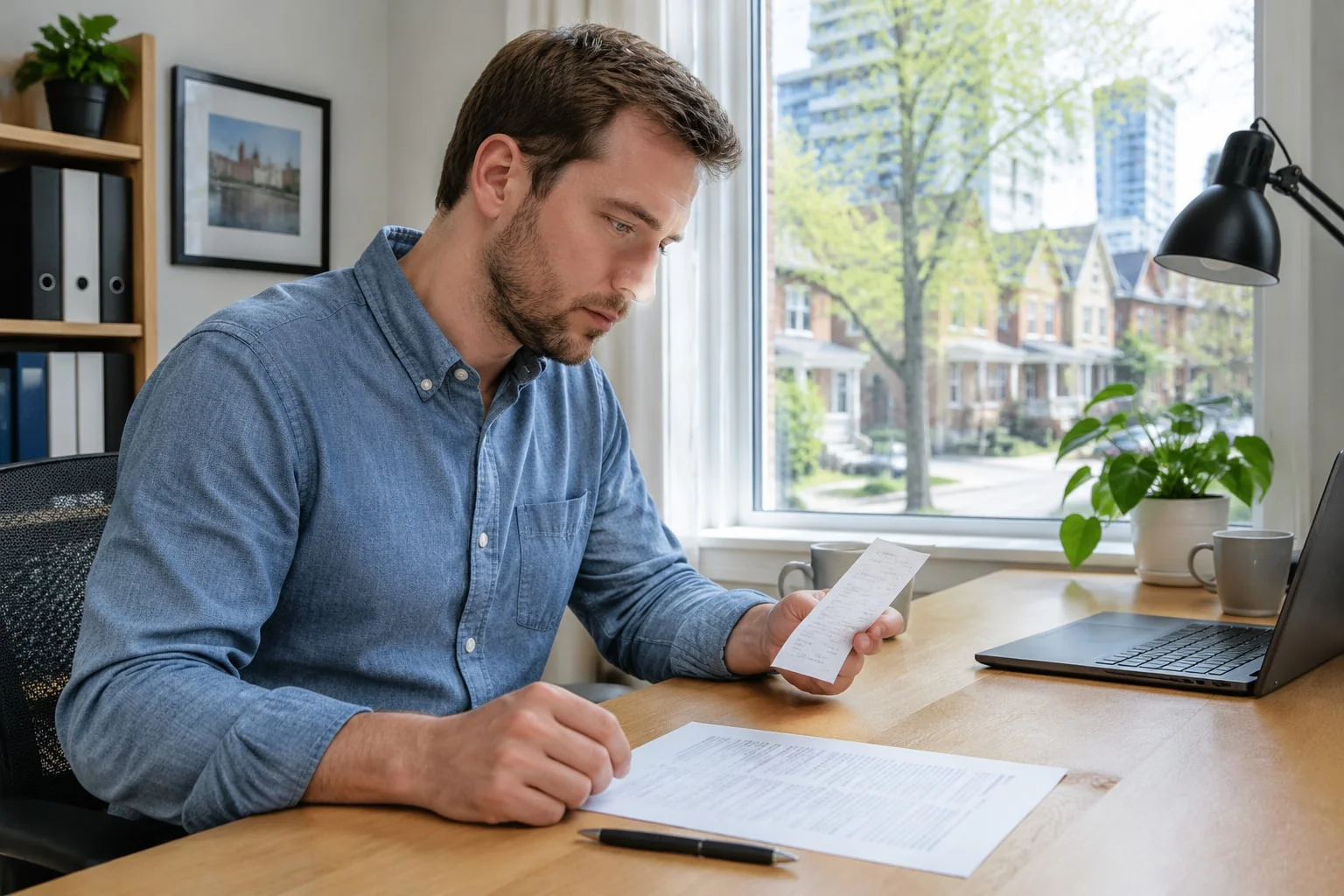 A man at a desk compares a courier delivery receipt with a one-page printed form