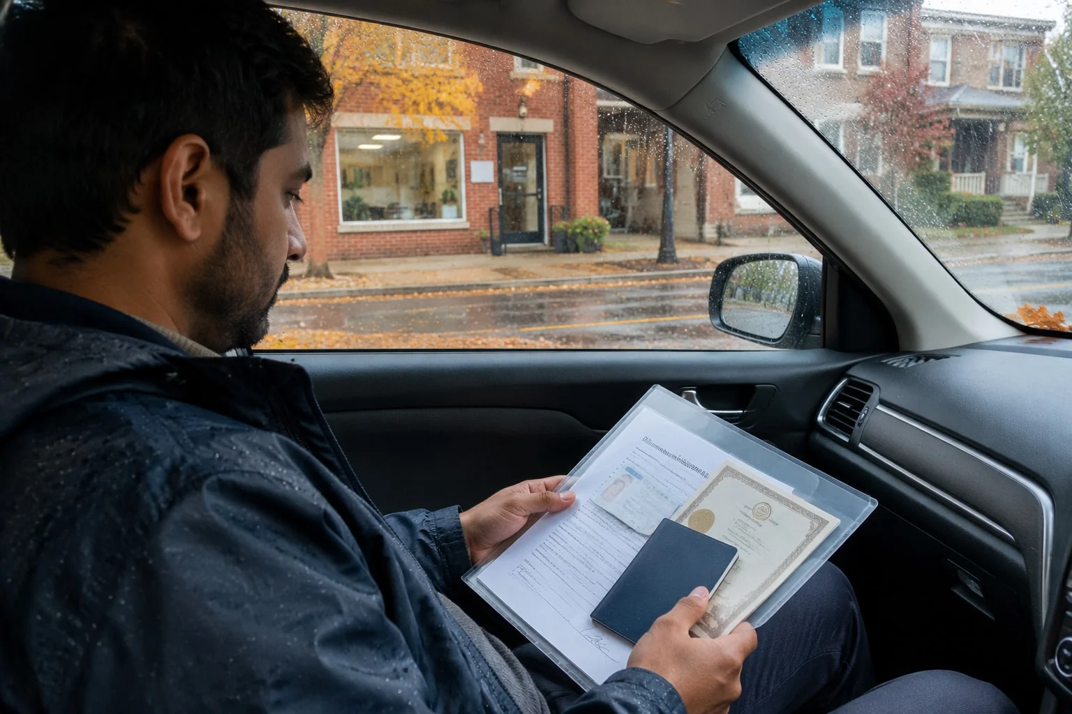 Man checking his unsigned document, original diploma, passport and licence in his car before a notary appointment