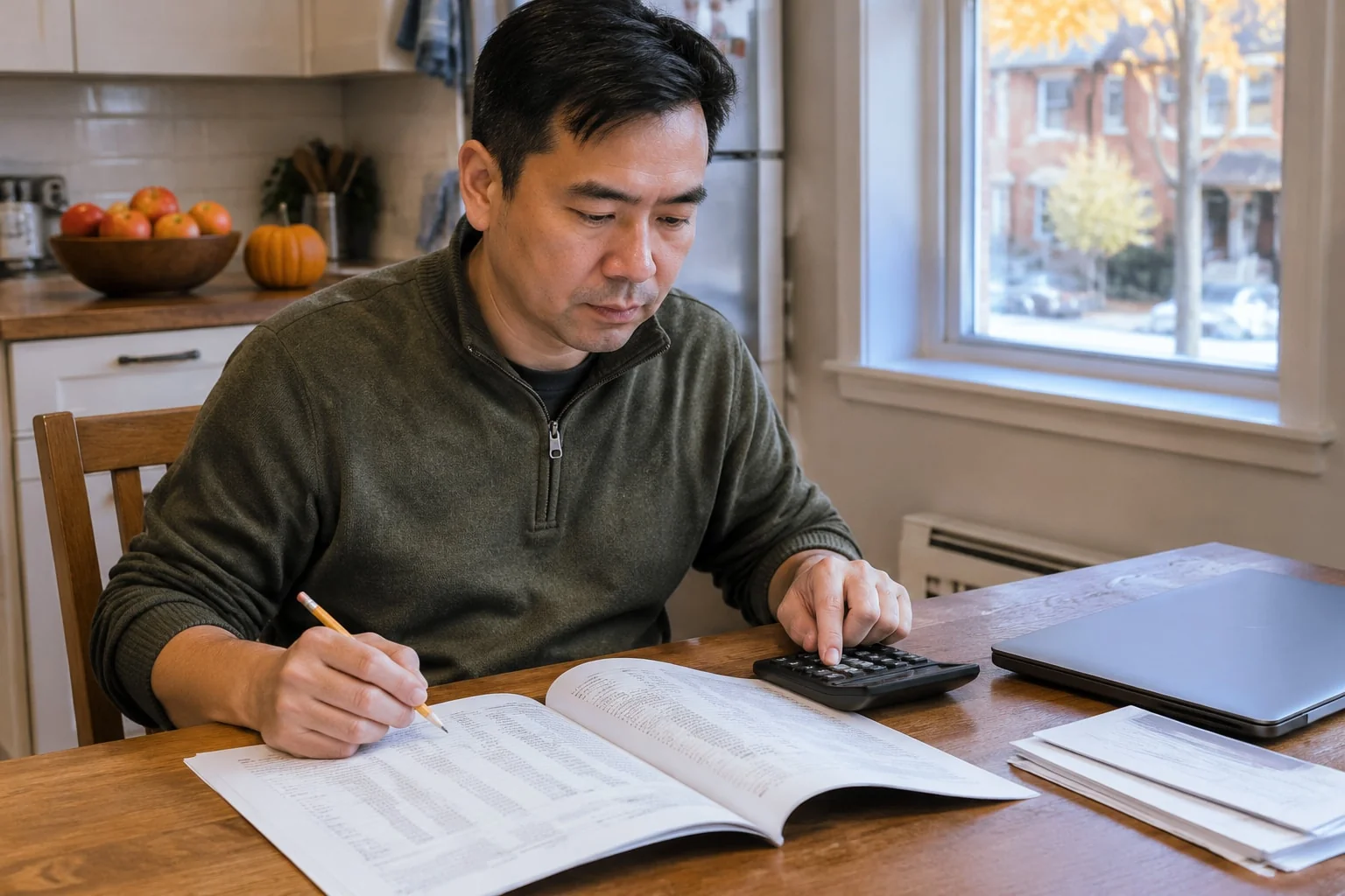 A man checks the figures in his financial statement with a calculator at his kitchen table before his appointment