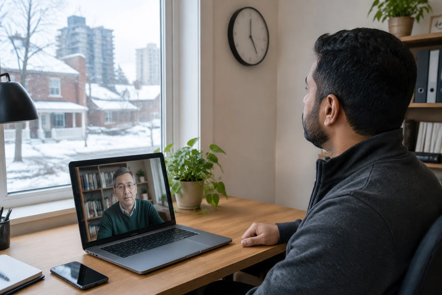 A man in a home office glances at the wall clock while his laptop shows the notary waiting on a video call