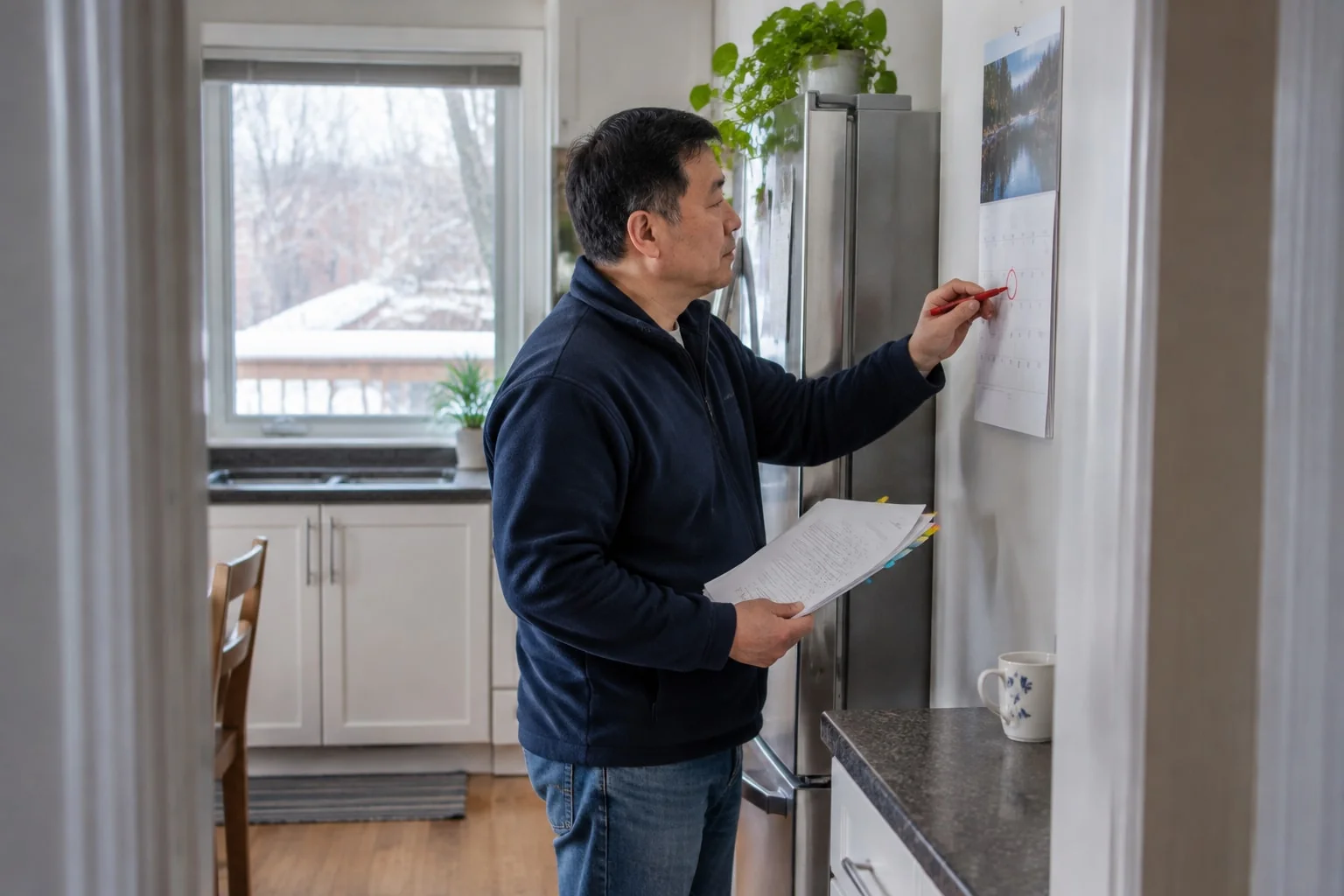 A man circles a date on the paper calendar on his kitchen wall while holding a stapled set of court papers with coloured tabs