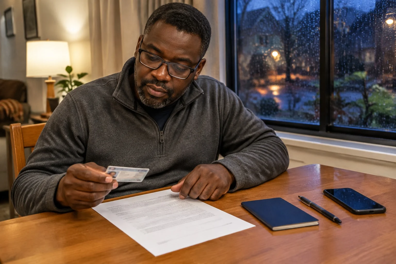 Man compares the name on his driver's licence with the unsigned form before he gets a document notarized in Ontario