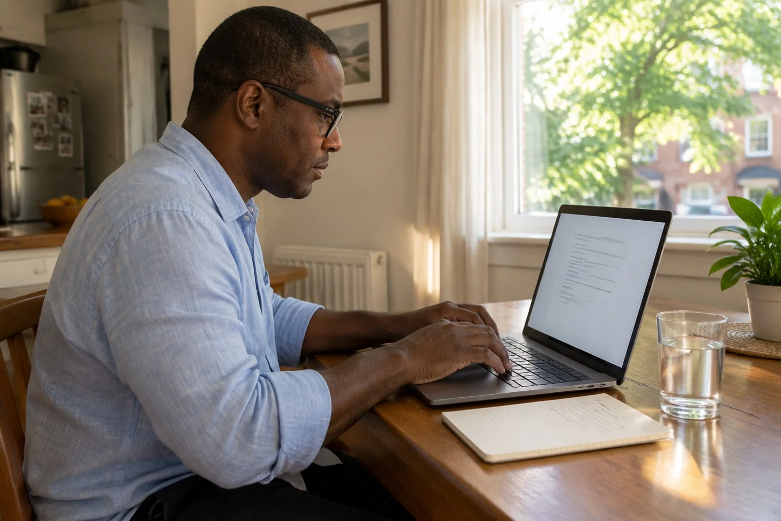 A man types numbered paragraphs of an affidavit on his laptop at the kitchen table on a summer evening