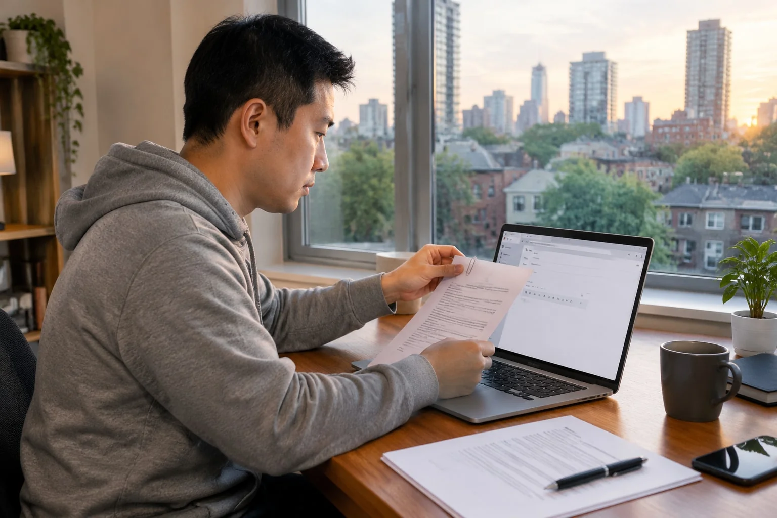 A man at his home office desk holds a printed page beside an open email on his laptop