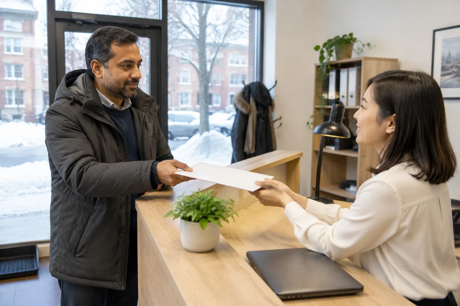 A man hands an envelope of court papers to a receptionist at an office front desk