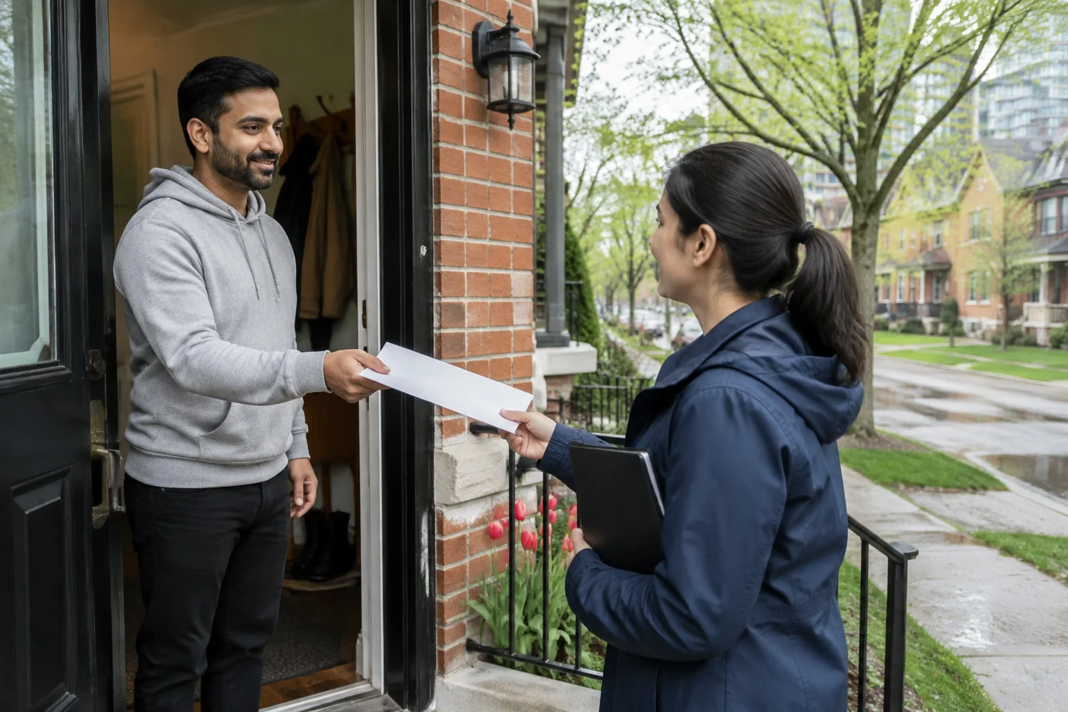 A man hands a sealed envelope with his notarized power of attorney to a courier at his front door for the apostille filing