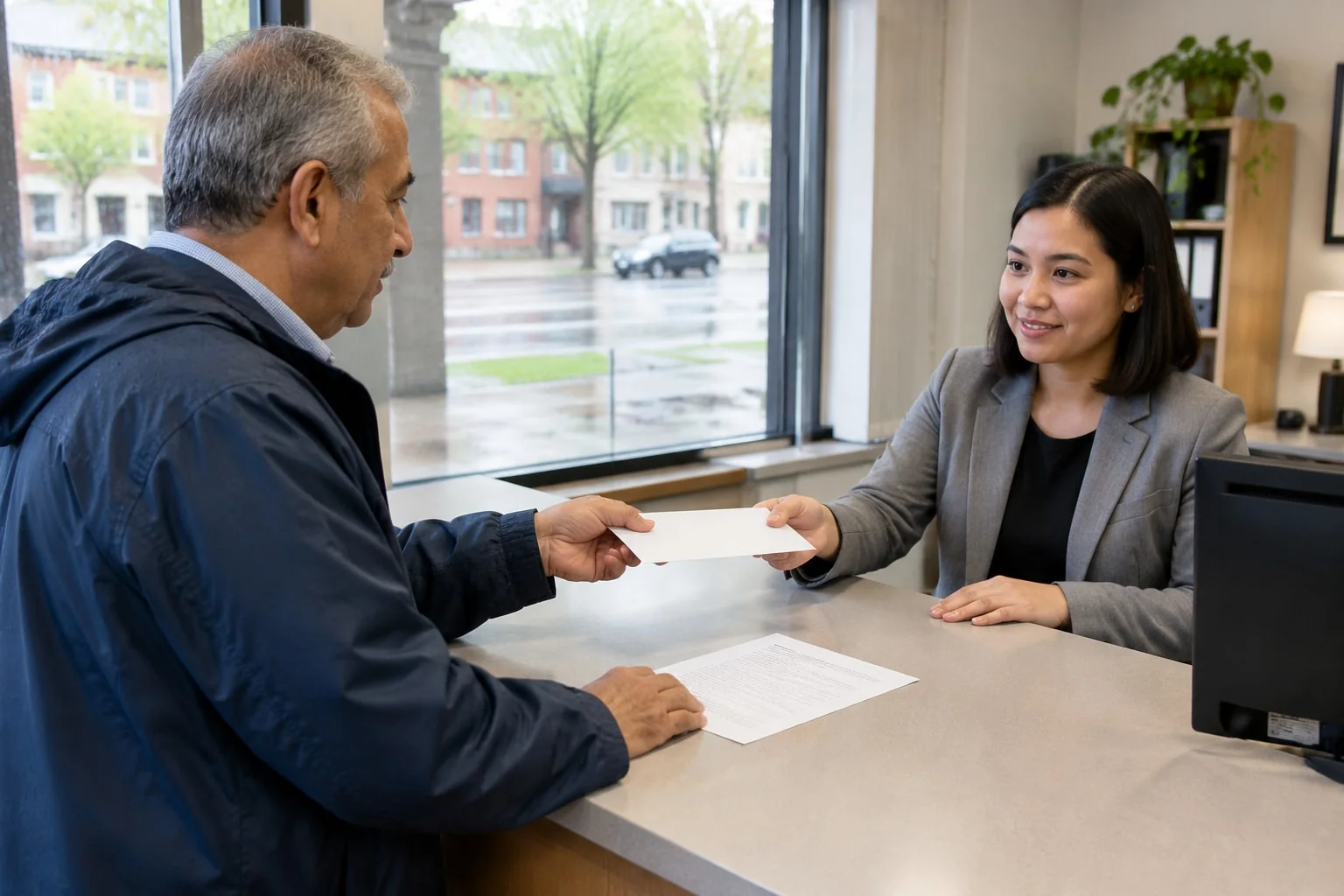 A man hands a sealed envelope with his power of attorney revocation to a bank teller at the counter