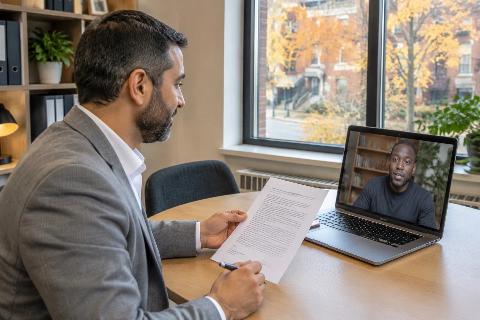 A man in a small office meeting room holds his affidavit open at the signature page while a notary speaks to him on a laptop video call