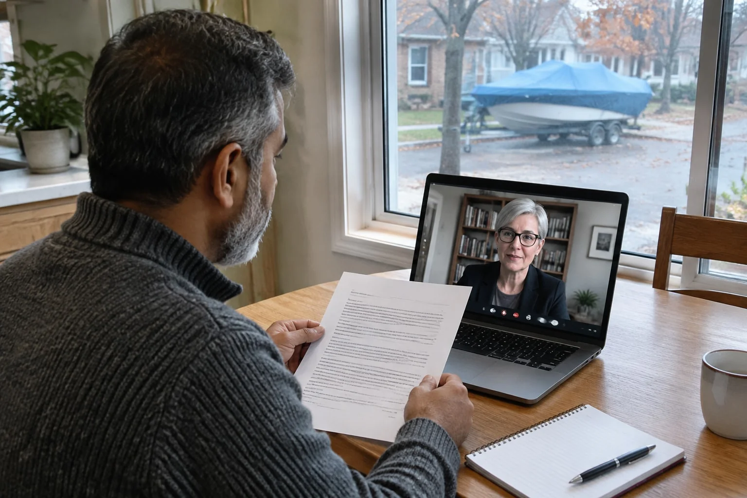 Man at his kitchen table holds up a printed declaration to a notary on a laptop video call while his covered boat sits on its trailer in the driveway outside