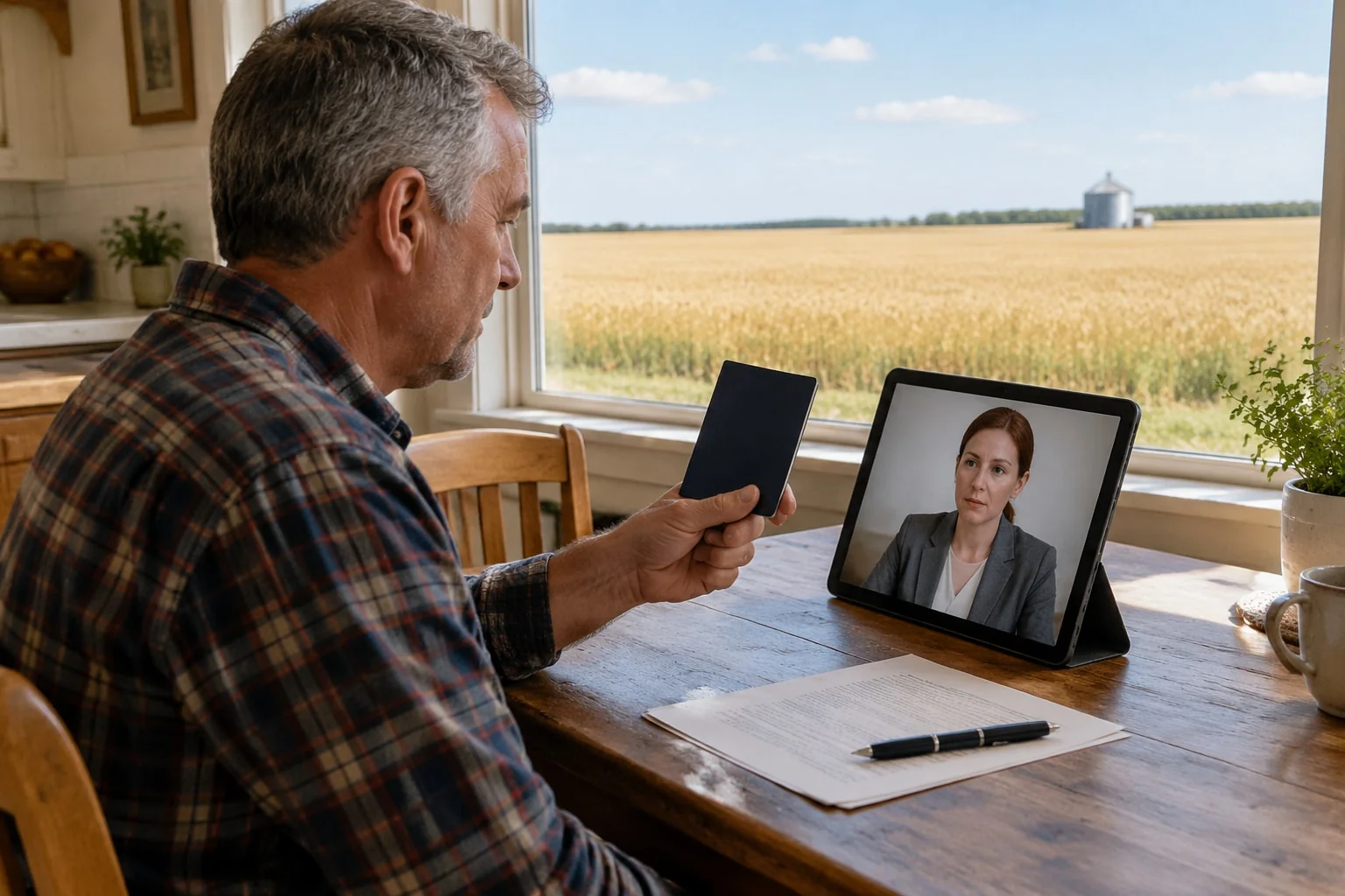 A man in a farmhouse kitchen under a wide prairie sky holds his closed passport beside a tablet showing a notary on a video call