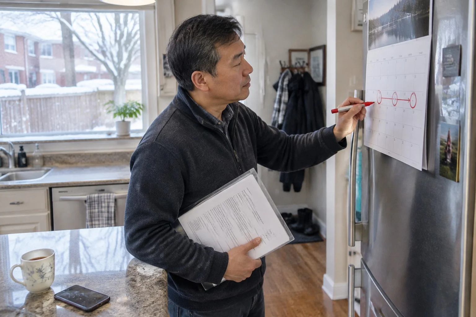 Man marking three weeks on a kitchen wall calendar, folder of notarized papers in hand, to plan apostille processing time