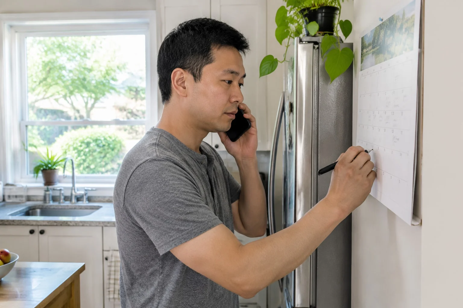 A man on the phone writes a hearing date on a wall calendar in his kitchen