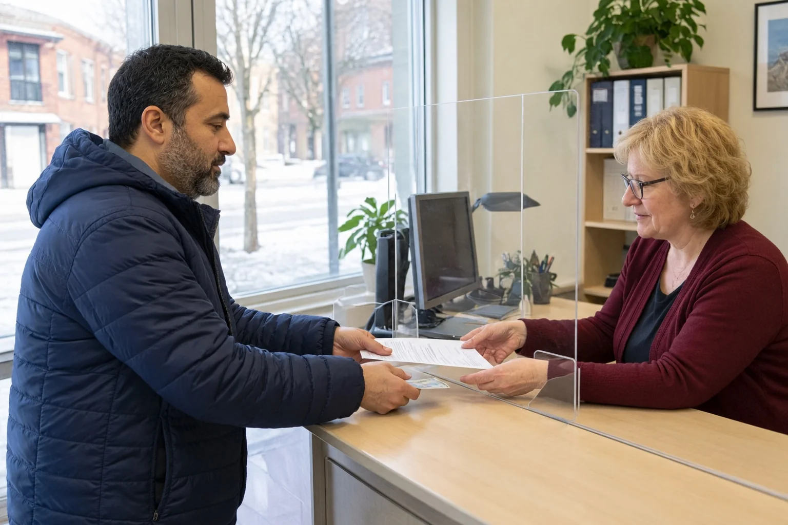A man hands a one-page letter and an ID card across a government service counter to a clerk