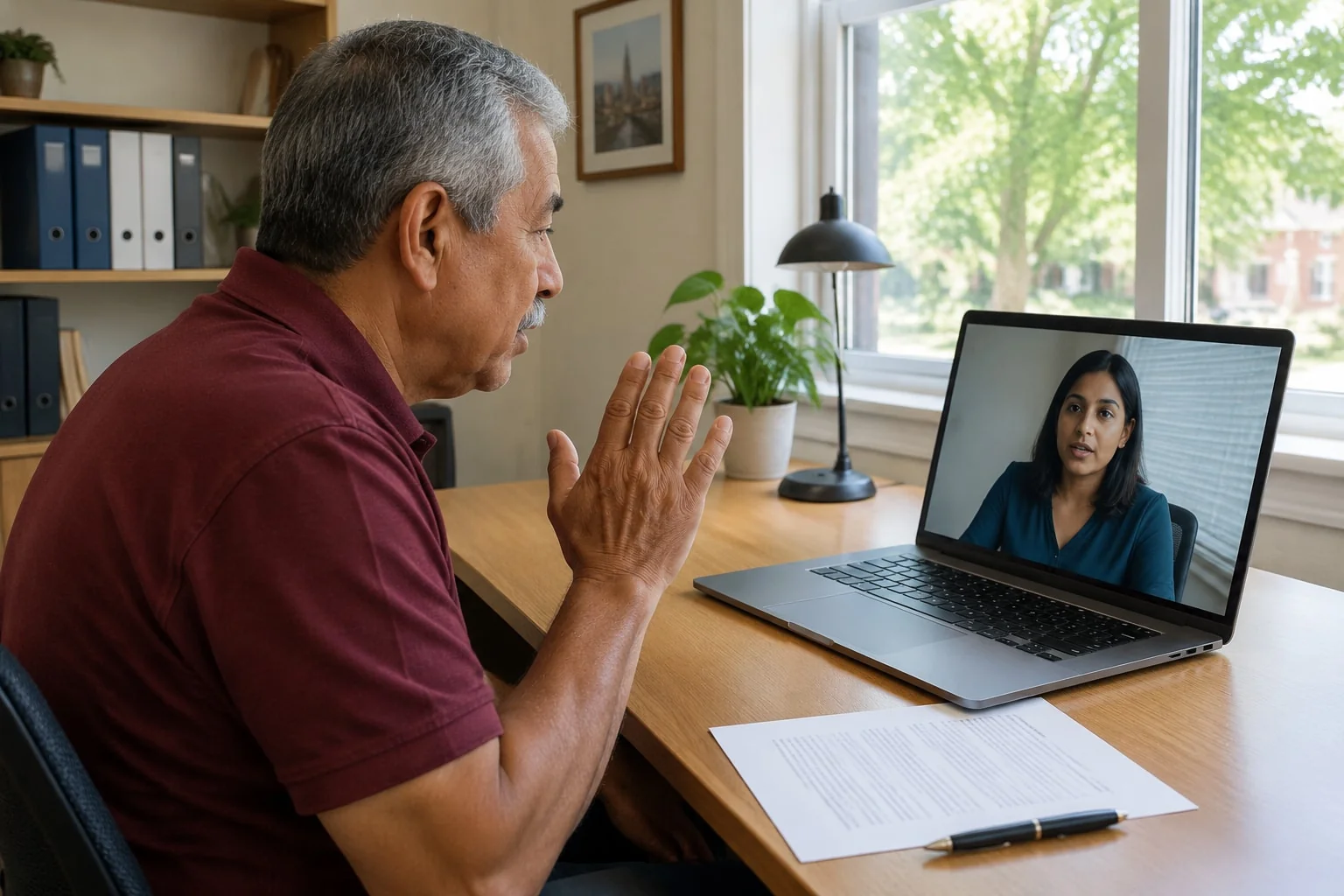 A man raises his right hand to swear his affidavit while a notary on a laptop video call administers the oath