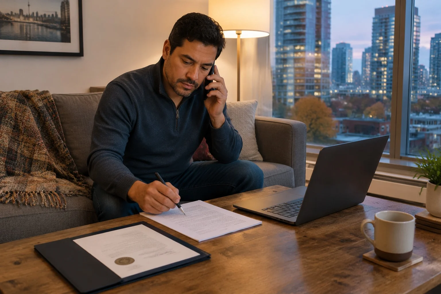 Man on the phone reading the foreign receiver's written instructions before sending his notarized document abroad