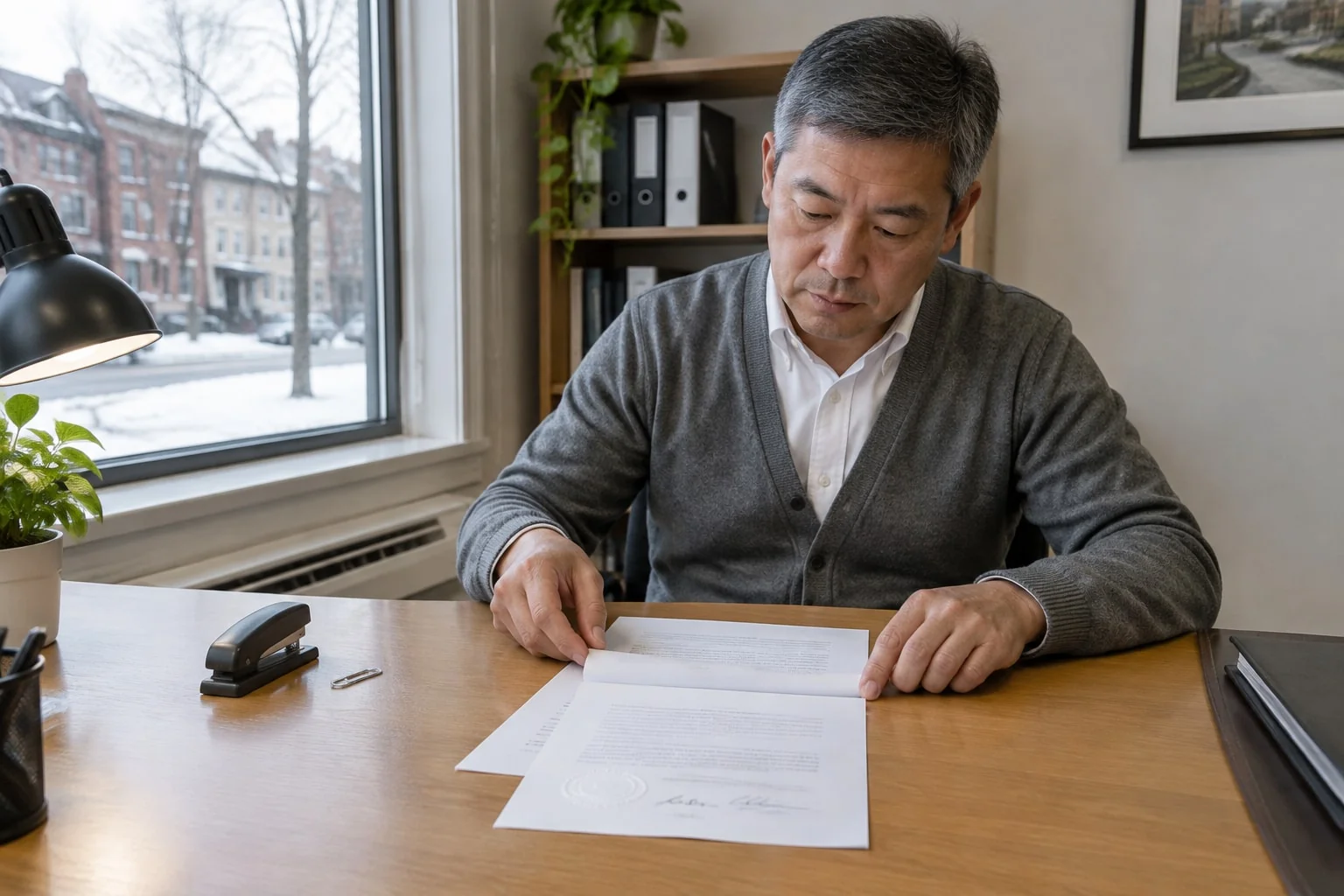 A man reads a two-page notarized document with an embossed seal at his desk