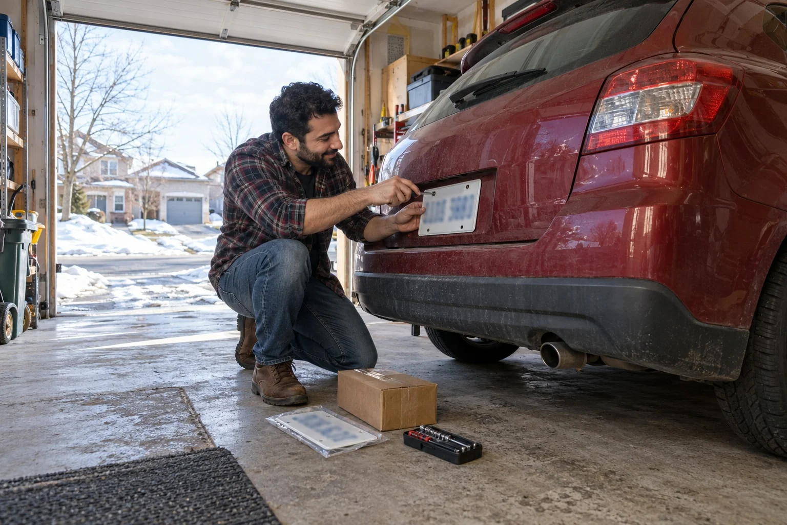 Man kneels behind a used hatchback in his garage and screws a new white-and-blue Ontario licence plate onto the back