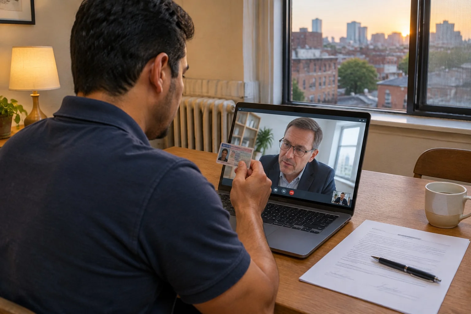 Man holding his photo ID to the webcam so the notary can verify his identity before he swears his affidavit