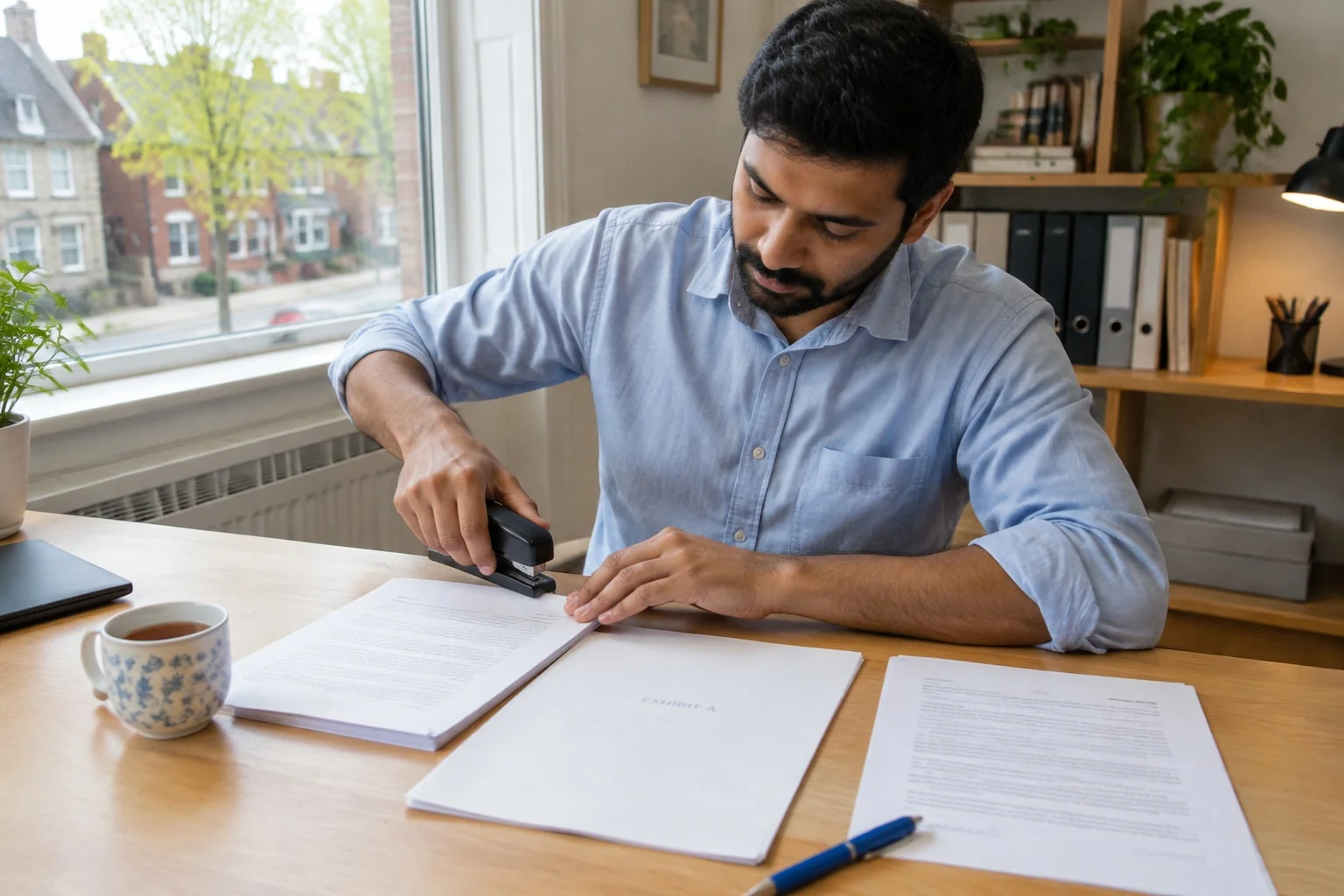 Man staples a printed email behind an affidavit of service as a marked exhibit at his home desk