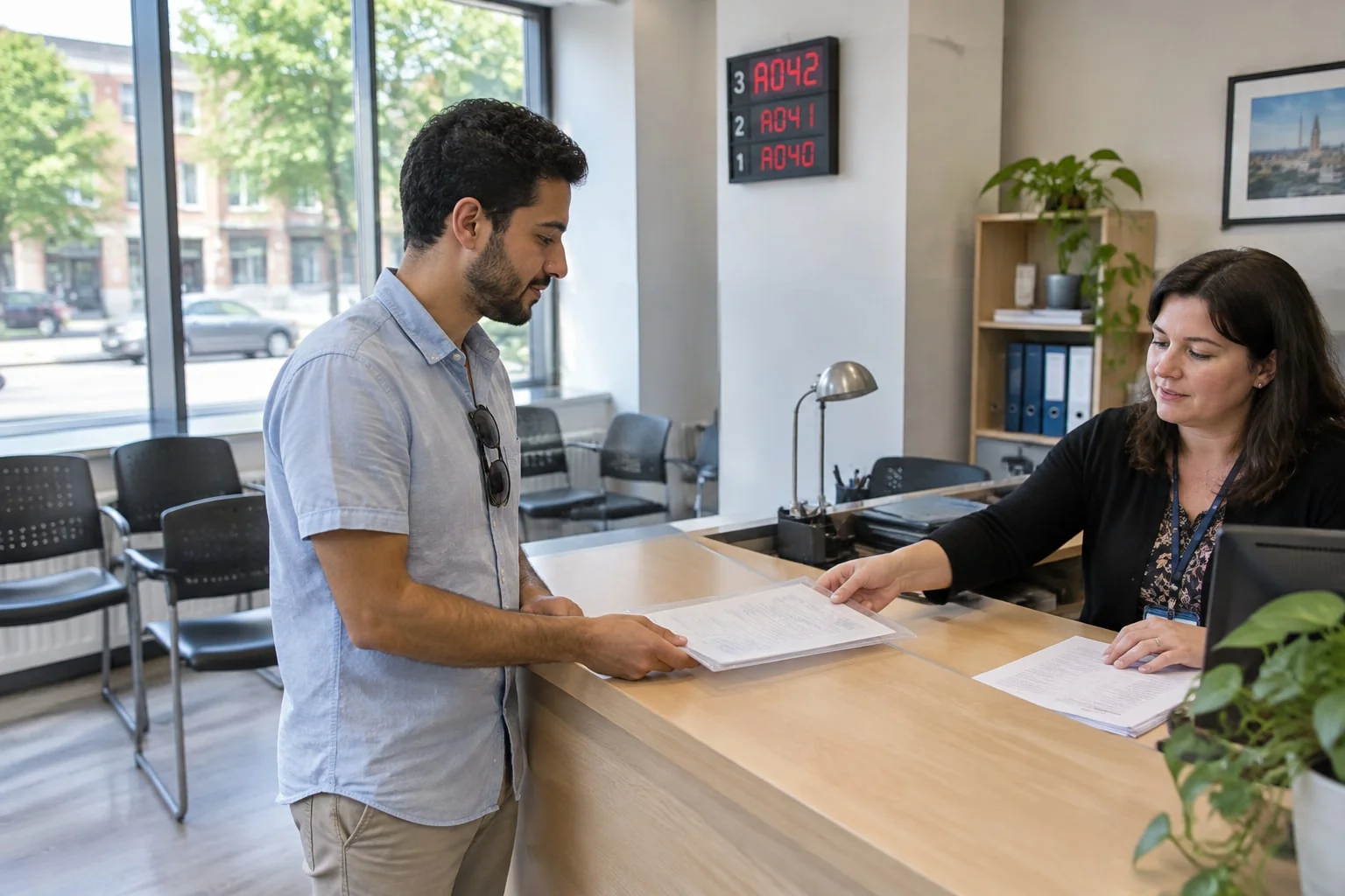 Man handing his notarized certified copy to a clerk at a provincial counter for the authentication step