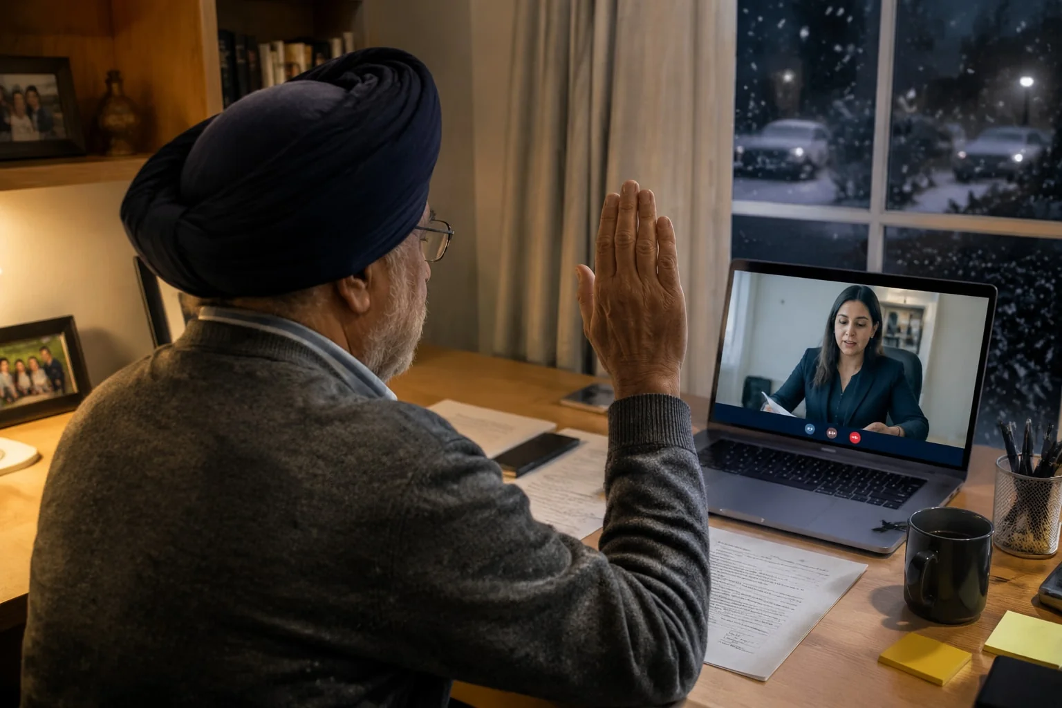 Man swearing an oath out loud to a notary on a live video call from his home study