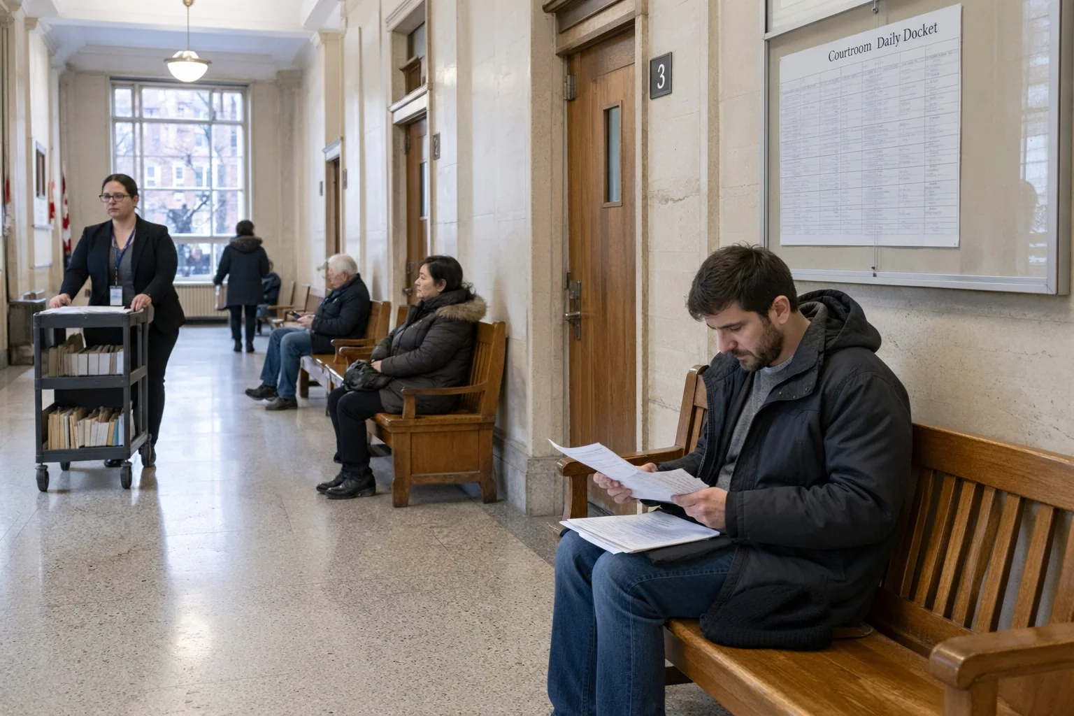 Man waiting outside a courtroom with his traffic court notice, where a justice of the peace hears the case