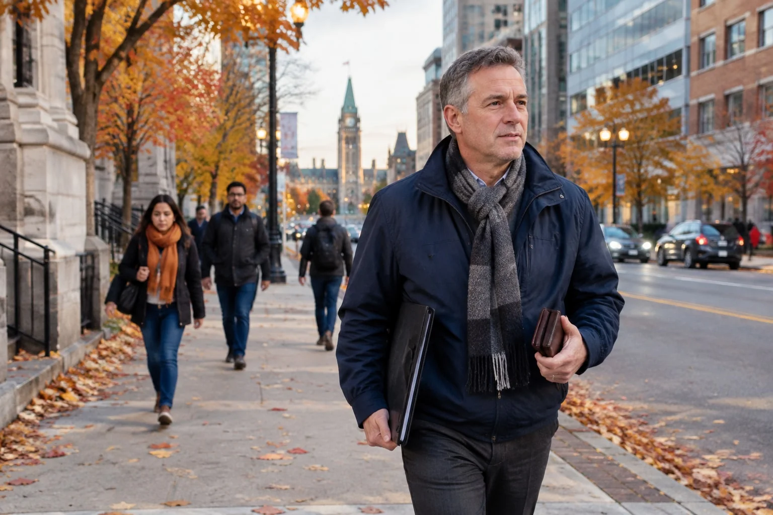 Federal manager walking to a notary in downtown Ottawa to sign an employee's letter of employment in person