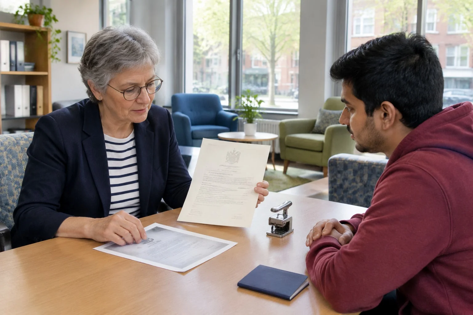 A mobile notary compares a degree parchment with its photocopy on a lounge table in a student residence