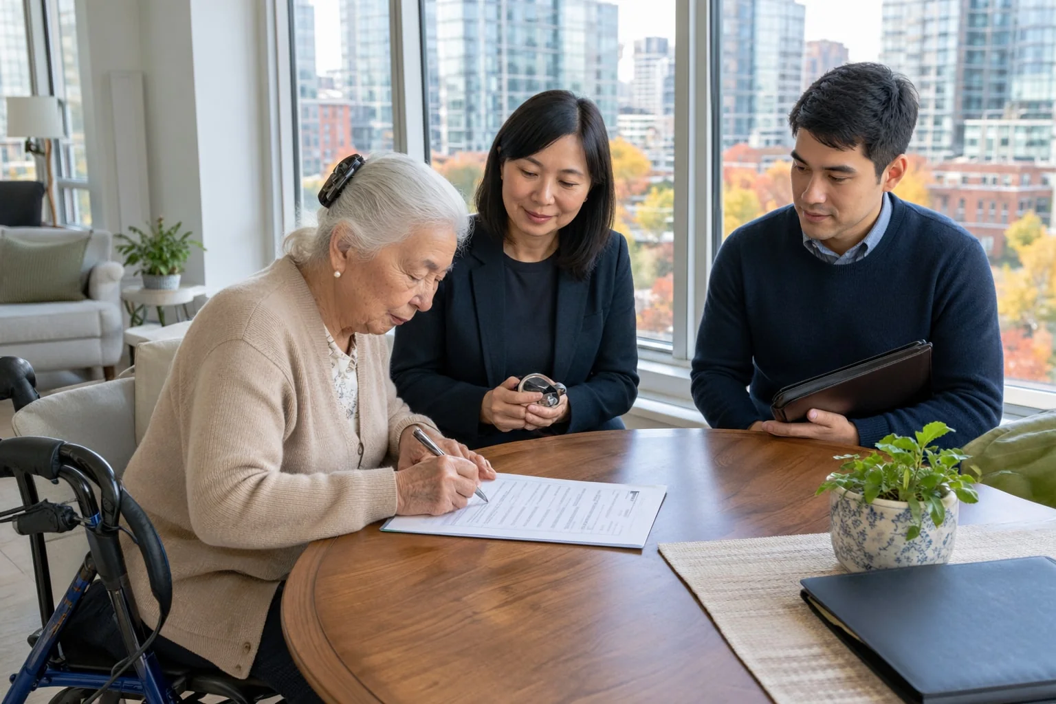 Elderly grantor signs a continuing power of attorney at her condo dining table as two mobile notary witnesses watch