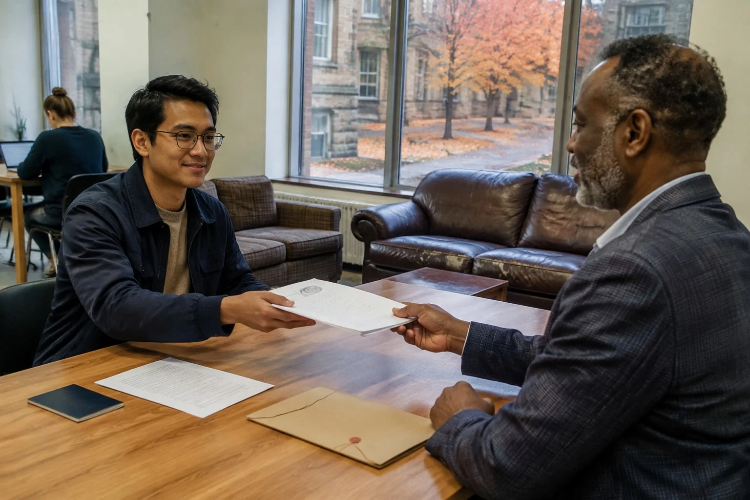 Mobile notary hands an international student certified copies of his passport and study permit in a residence lounge