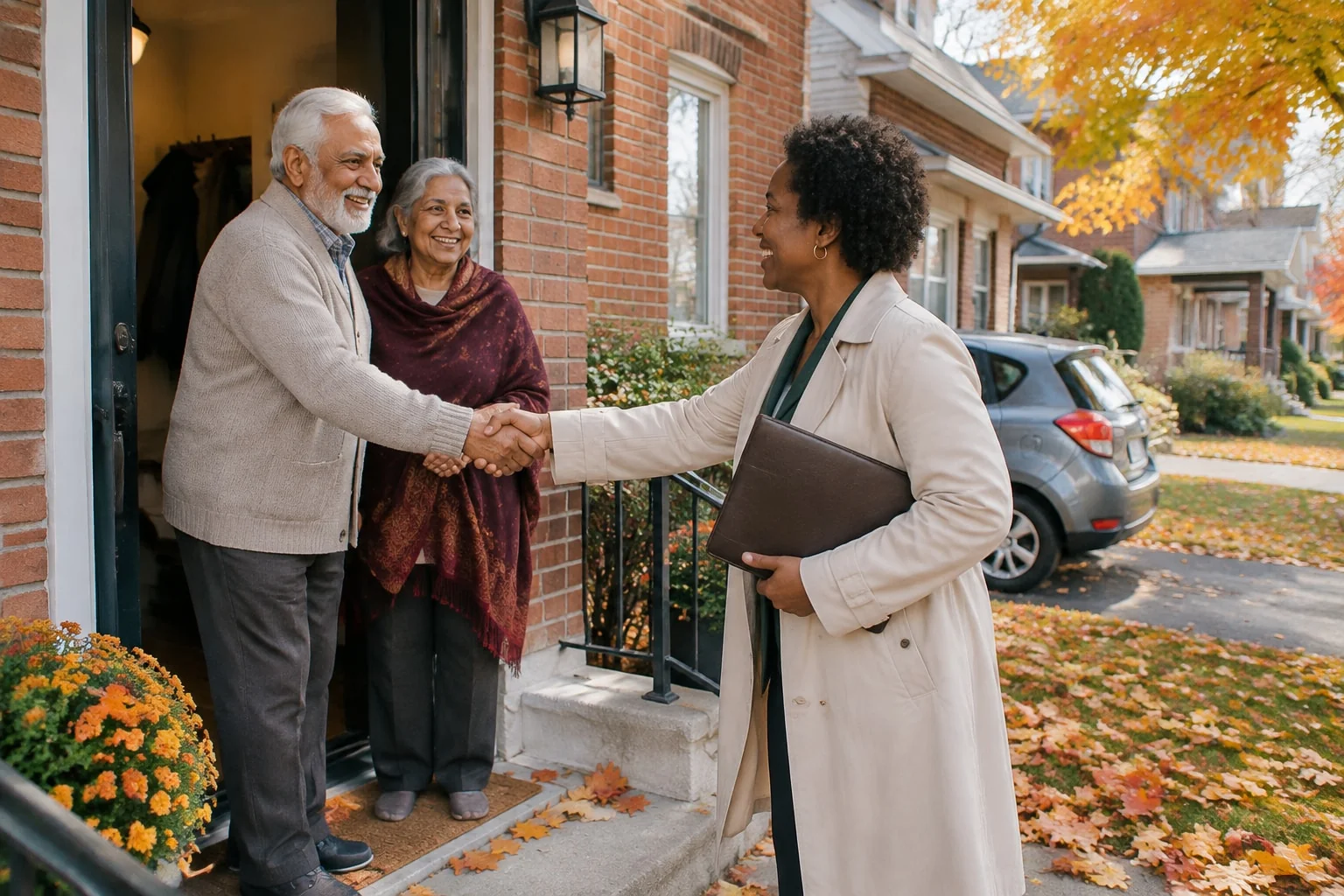 A mobile notary is welcomed at the front door of a retired couple's home on an autumn afternoon
