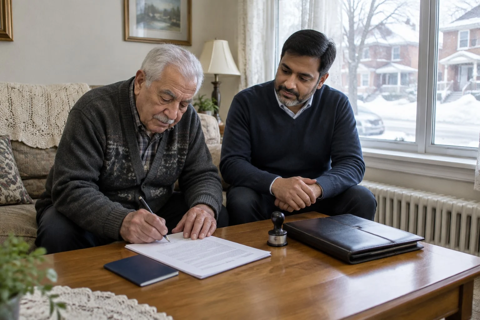 Mobile notary witnessing a man's signature in person at home, since signature witnessing cannot be done by video