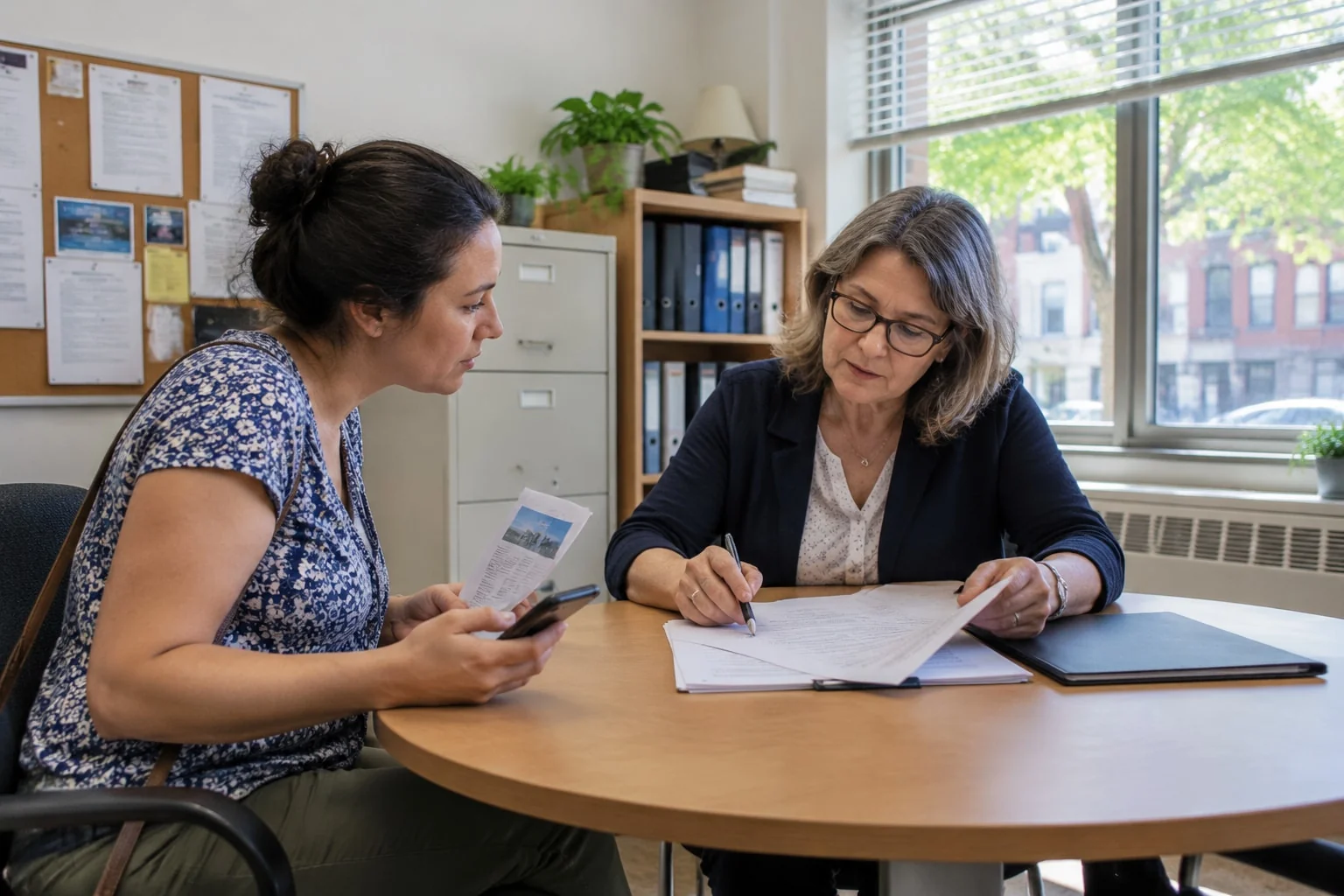 A mother reviews a court order with a family-law advisor when the other parent's travel consent is disputed