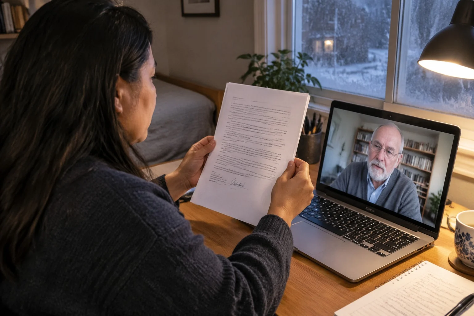 A mother holds the signed jurat page of her Form 15 motion to change up to her laptop camera while a notary on the screen checks it