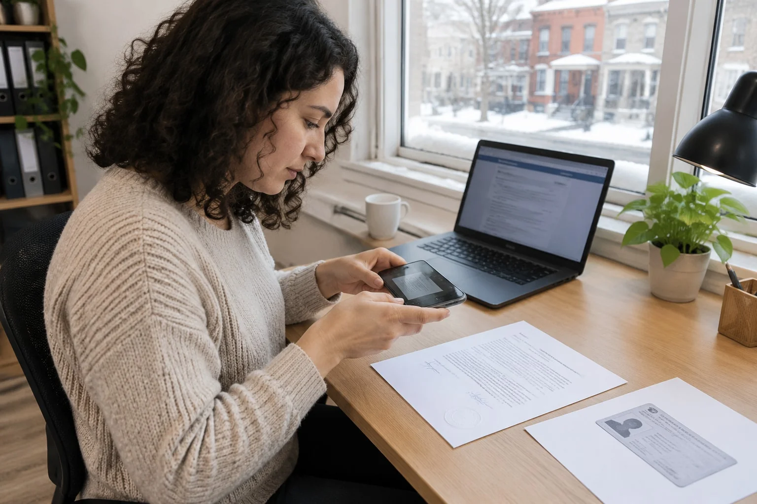 A woman photographs a signed one-page form and an ID photocopy with her phone at a desk at home