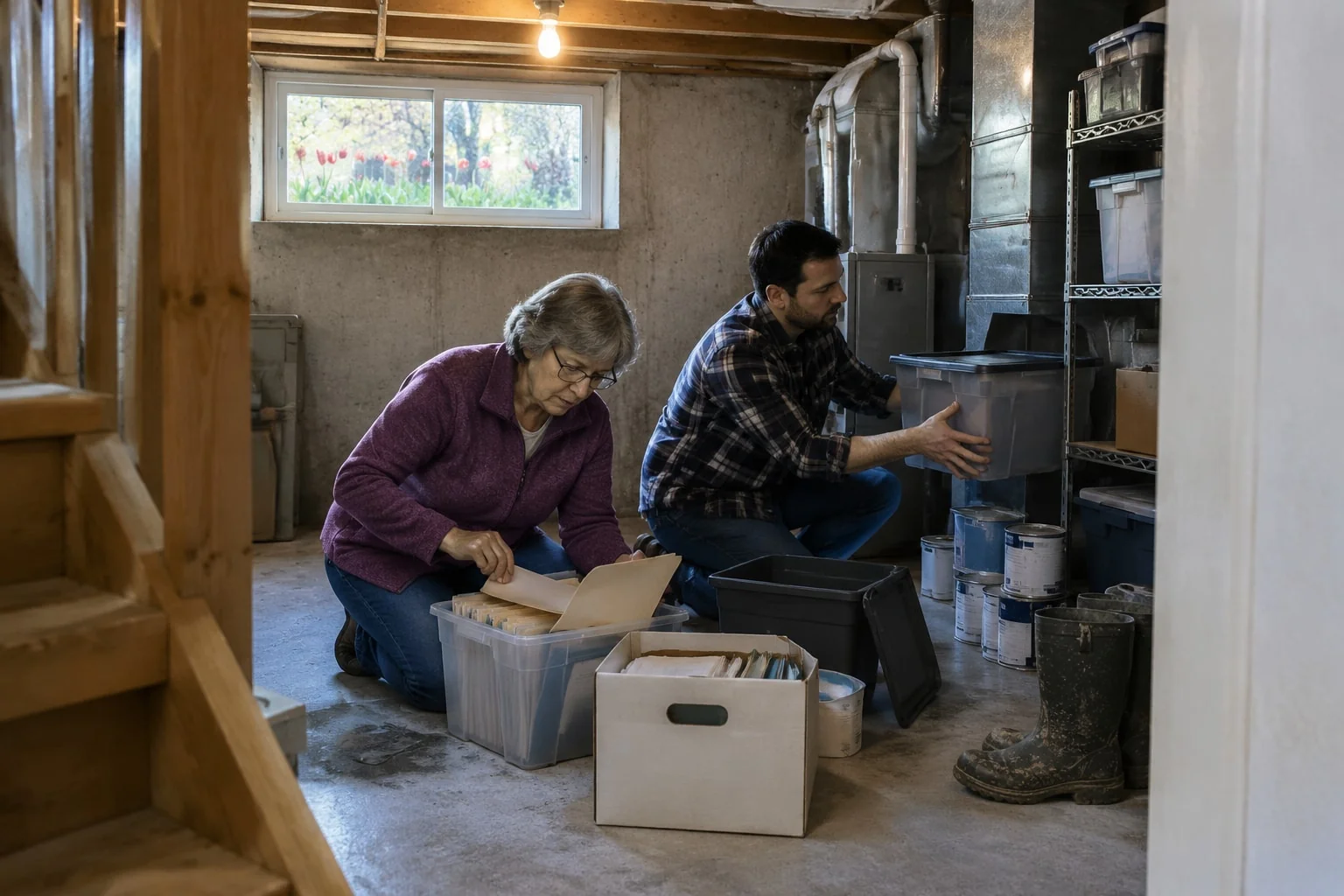 Mother and adult son searching storage bins and file folders in their basement for a missing birth certificate