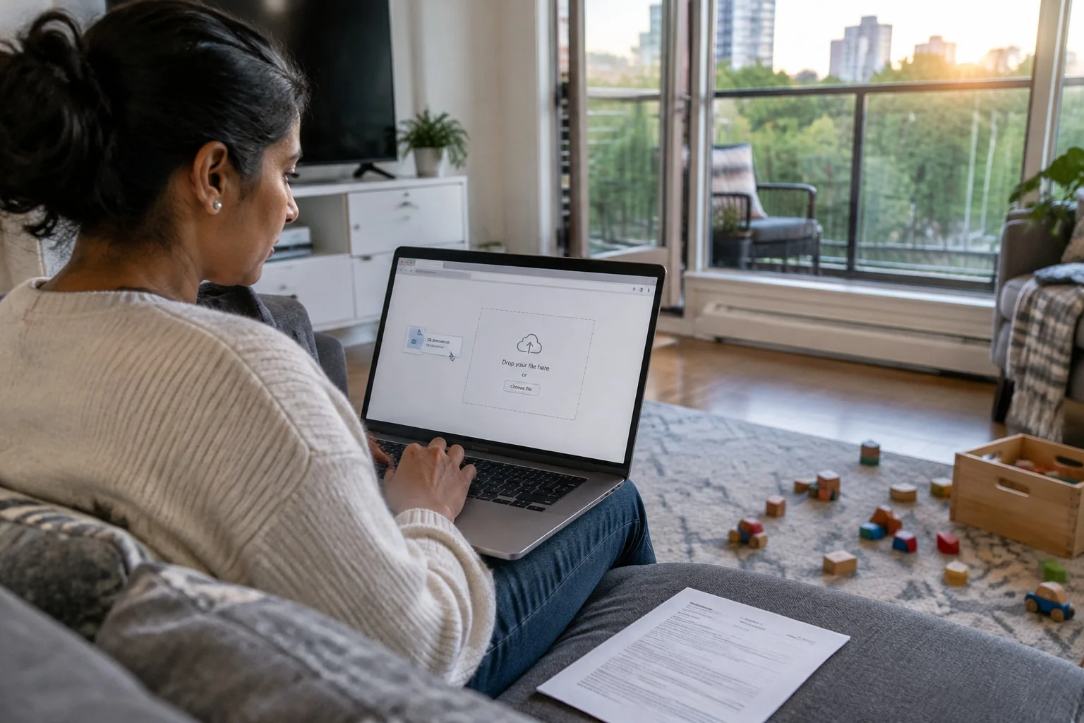 A mother uploads her commissioned financial statement as a PDF from a laptop at home, seen over her shoulder