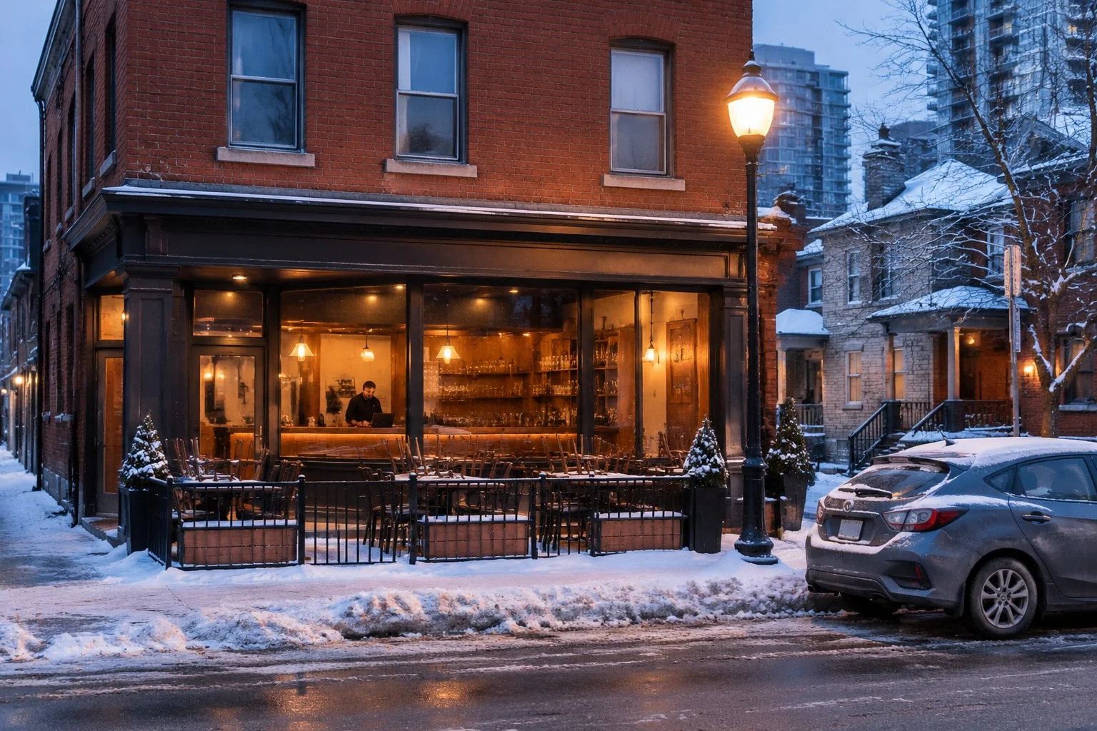 A neighbourhood pub in a red-brick building on an early-winter evening, the premises in an AGCO liquor licence application