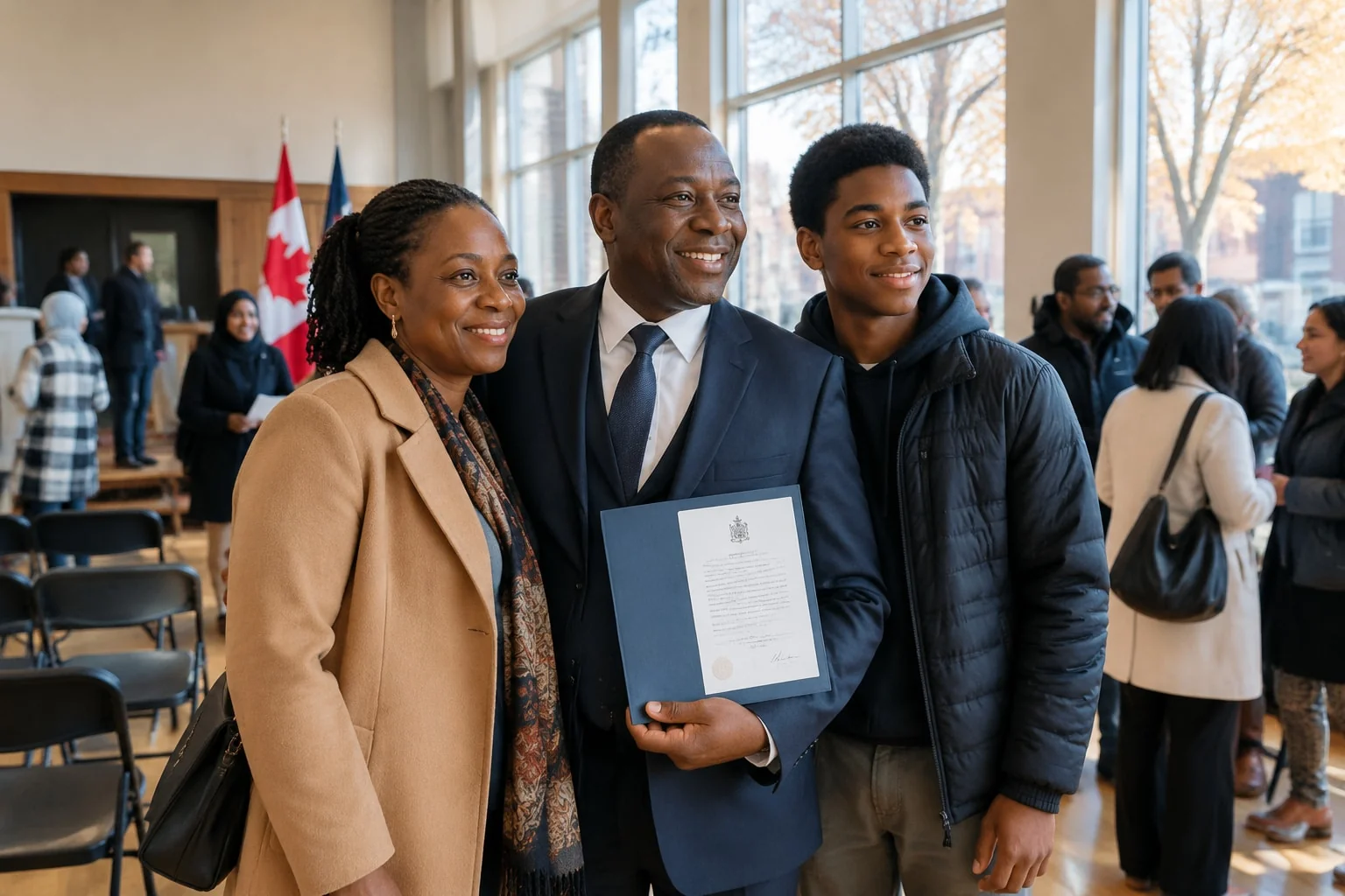 New Canadian with his wife and son at a citizenship ceremony, one common path to holding dual citizenship