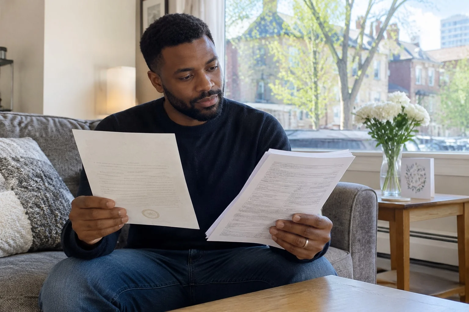 Newly married man compares his marriage certificate with the legal name change form