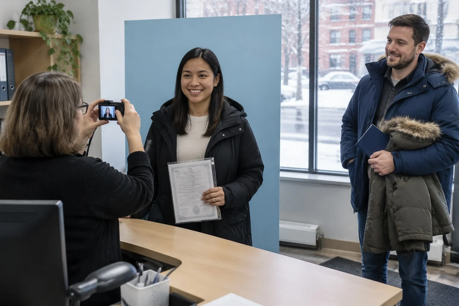 Newlywed has her photo taken for an updated driver's licence, marriage certificate in hand, after a marriage name change