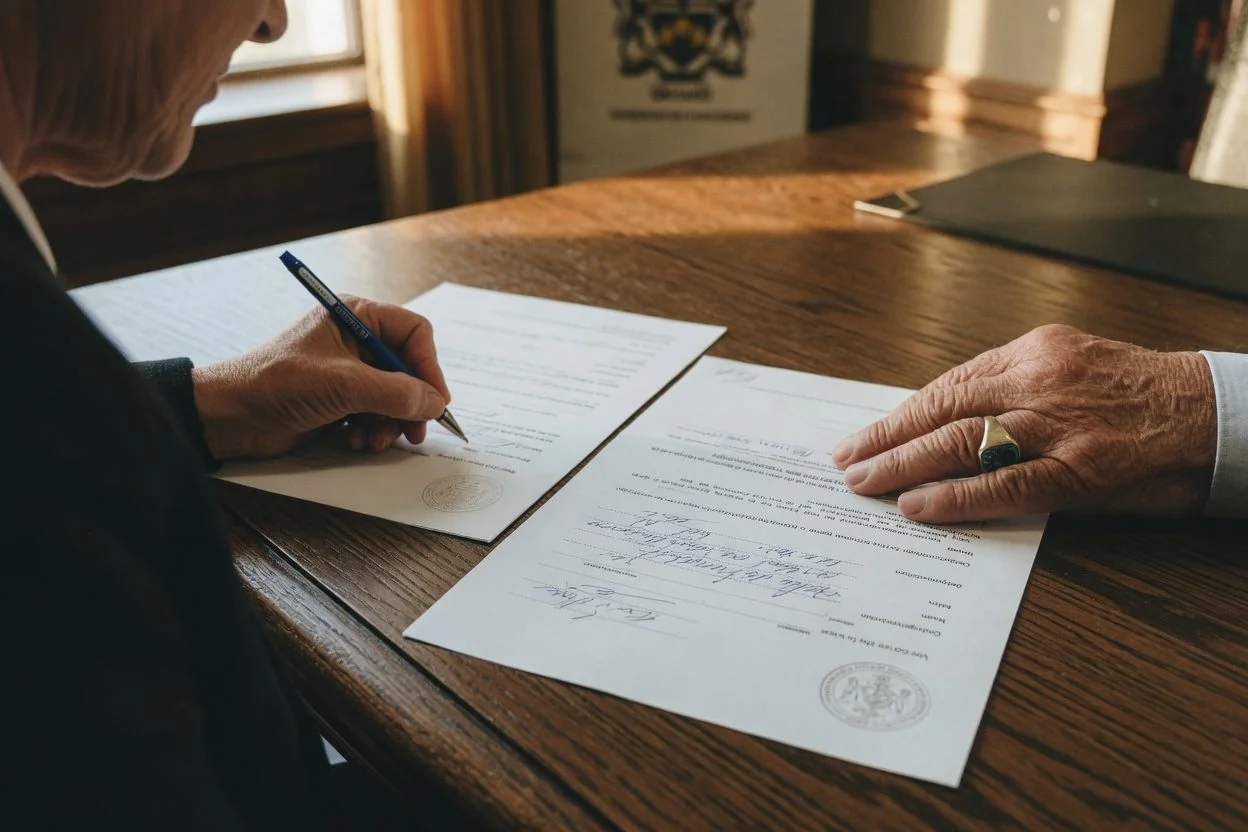 A person signing a sworn affidavit document at a desk with a pen, ready to swear the statement before a notary by video