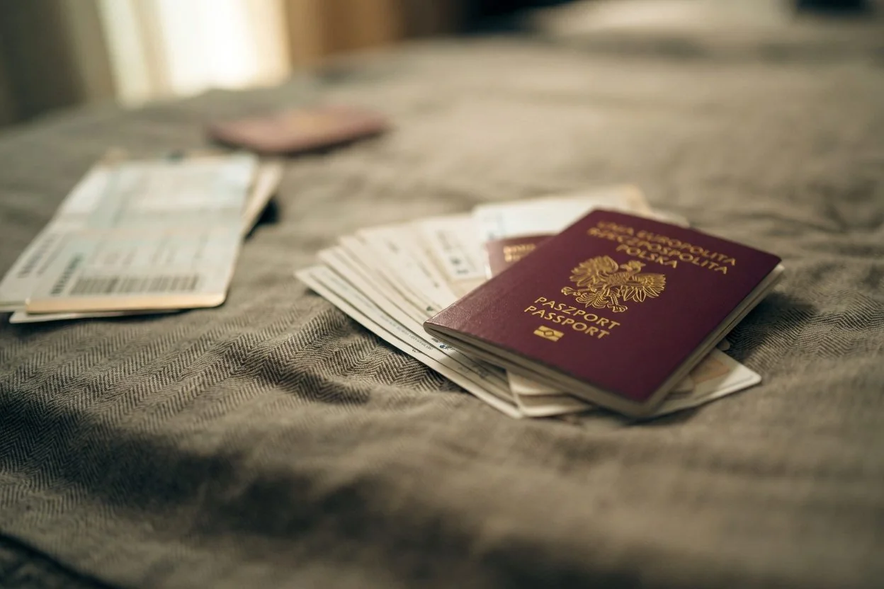 Canadian immigration paperwork and a passport on a desk, representing IRCC documents notarized over a video appointment