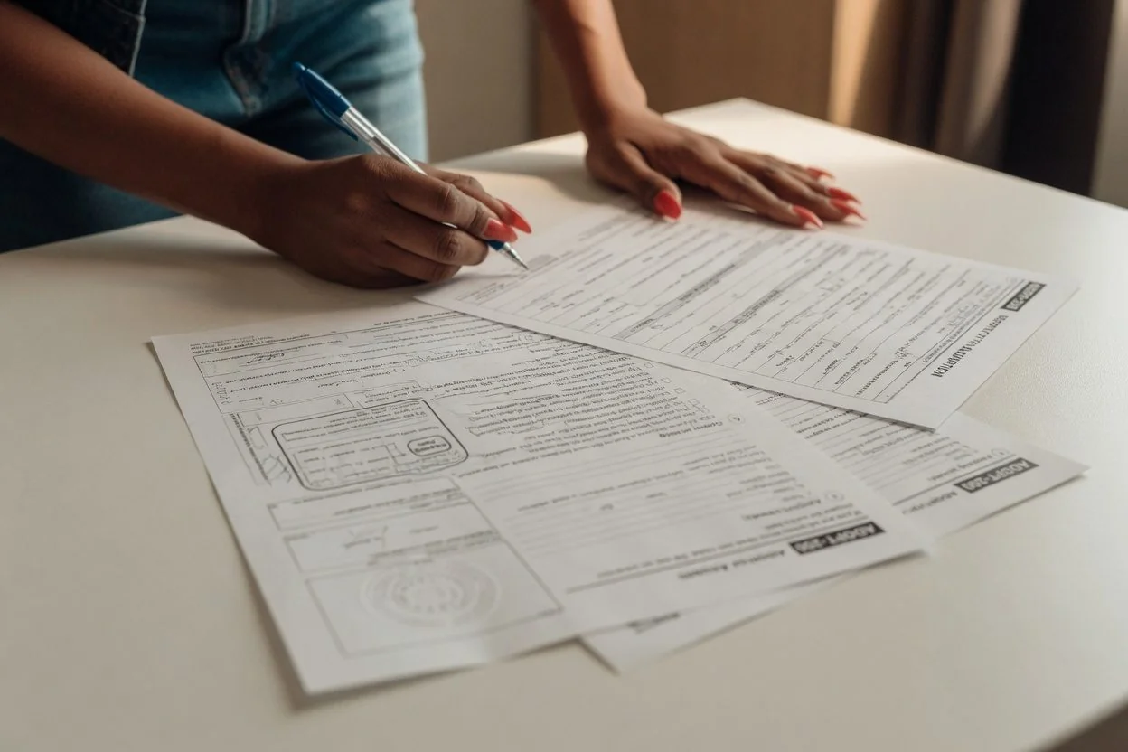 Nurse at a desk reviewing a stack of certified true copy documents — diploma, ID, transcripts — for a CNO or BCCNM application