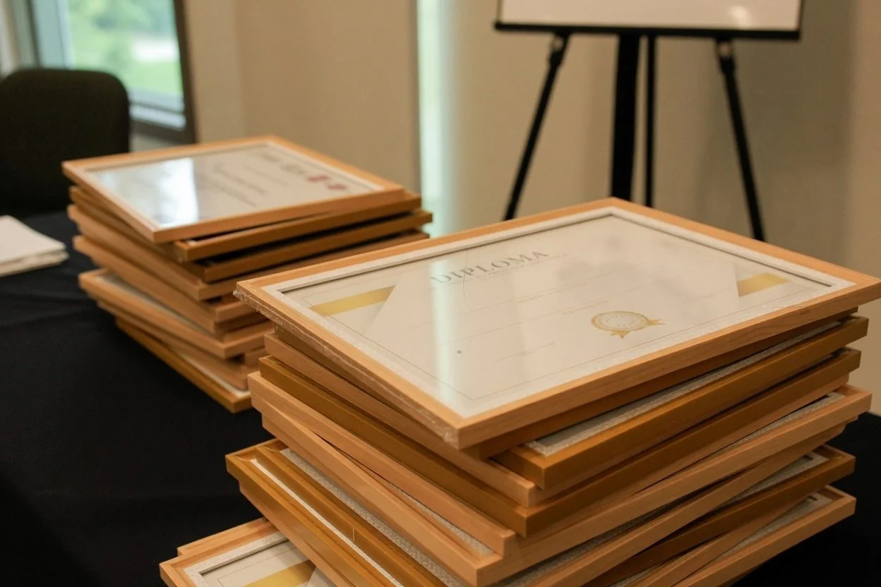 A close-up of a B.Ed. parchment, an out-of-province teaching certificate, and a passport laid out for the certified true copy step at an Ottawa notary's desk